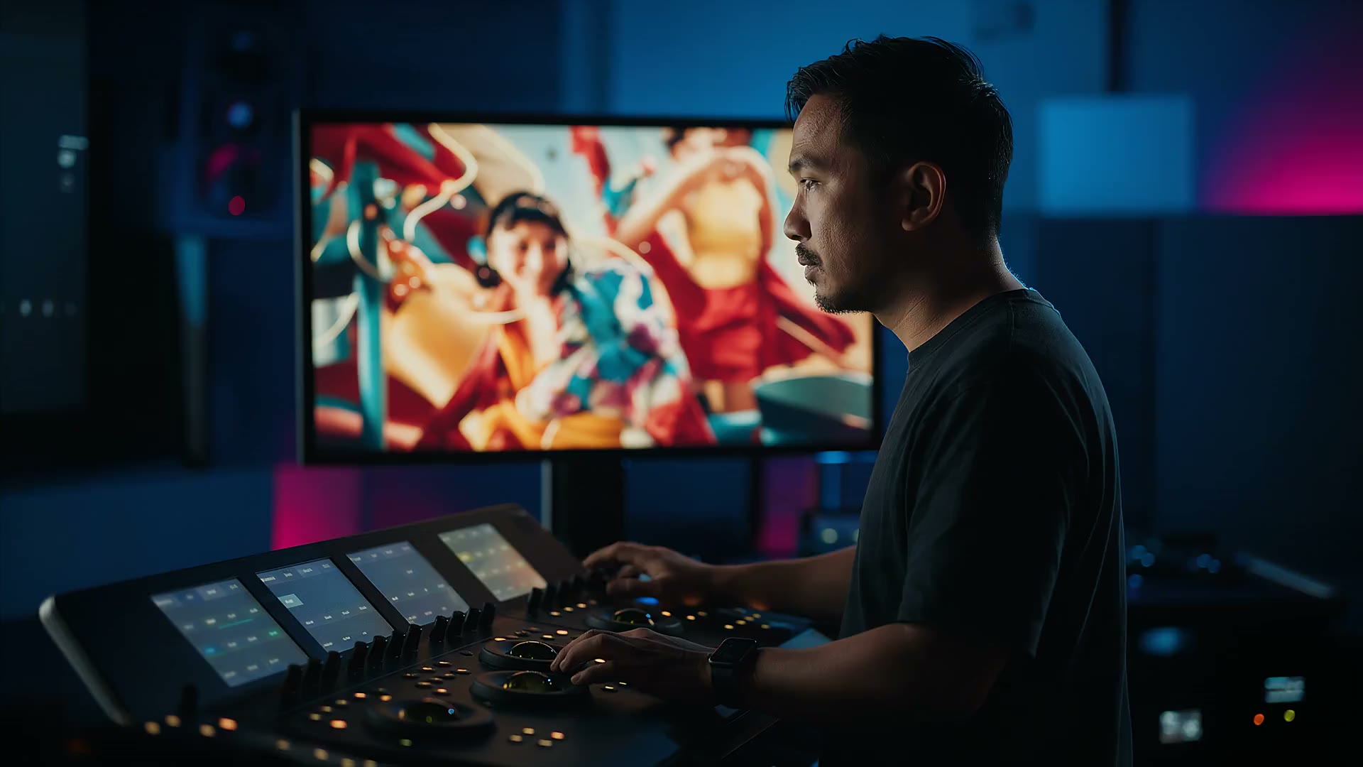 Faders and dials on an audio mixing desk